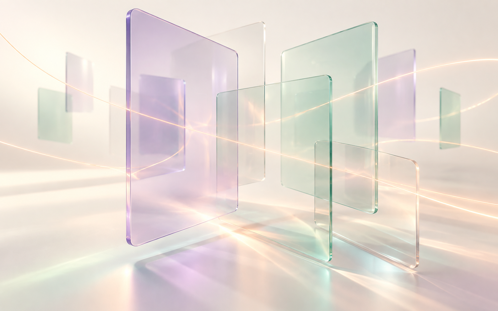 Plaques translucides abstraites reliées par des lignes lumineuses